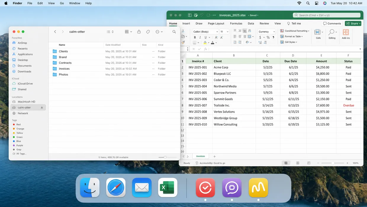 A macOS desktop with the machine calm-otter mounted in Finder, its invoice spreadsheet open in Excel, and three running agents in the dock.